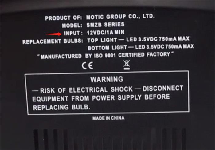 麥克奧迪MOTIC 體視顯微鏡背面銘牌